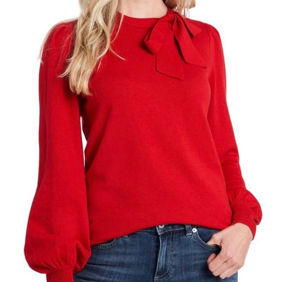 CeCe Sweaters - Cece’s Bow Neck Blouson Sleeve Cotton Blend Red Sweater,Large